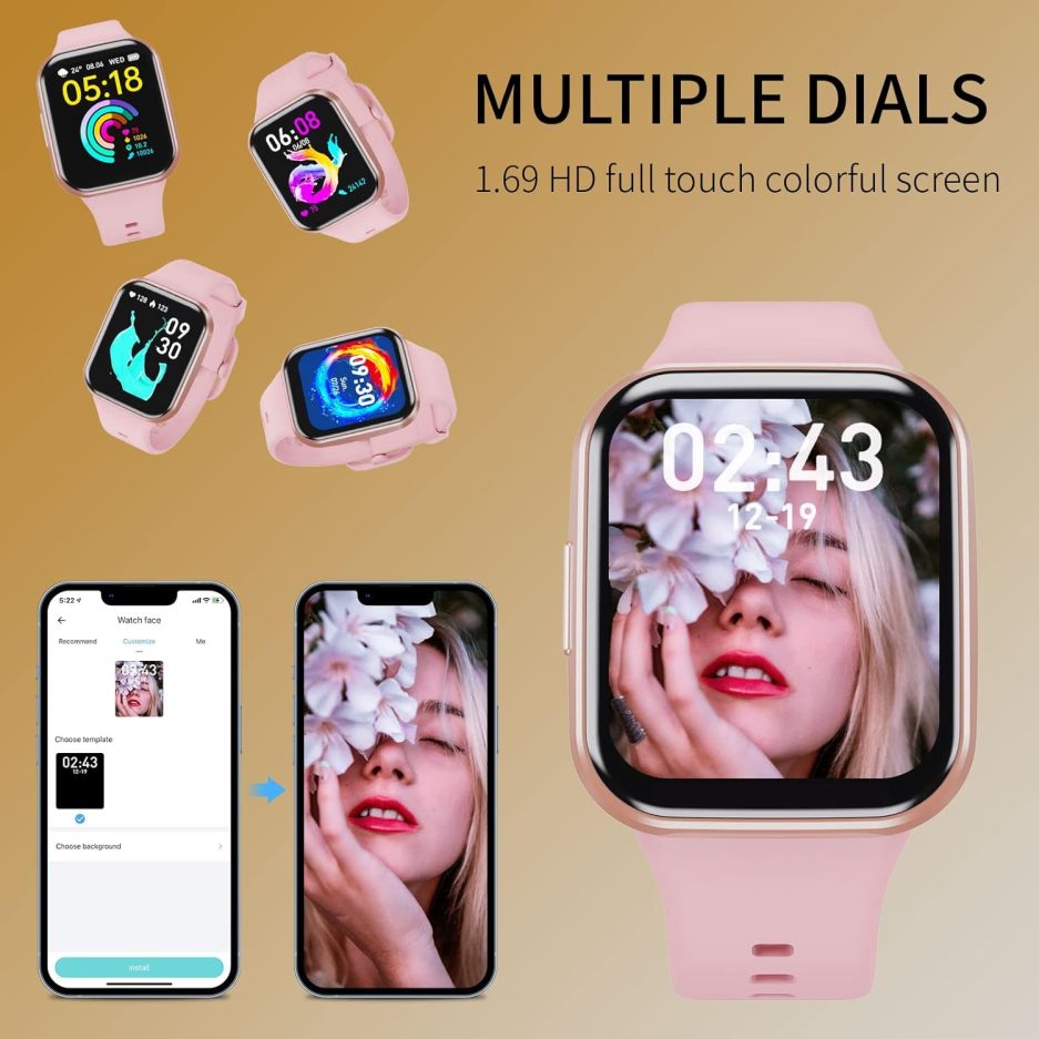 Smart Watch for Men Women, 1.69" Large HD Screen Smartwatches, 25 Sports Mode Smart Watches, IP67 Waterproof Activity Tracker, Fitness Watch with Heart Rate Sleep Monitor, Calorie/Step Counter, Pink - Image 2